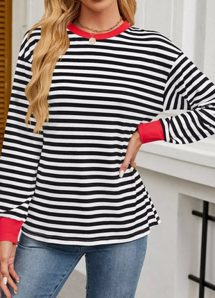 Striped Round Neck Long Sleeve T-Shirt - MimiStylez