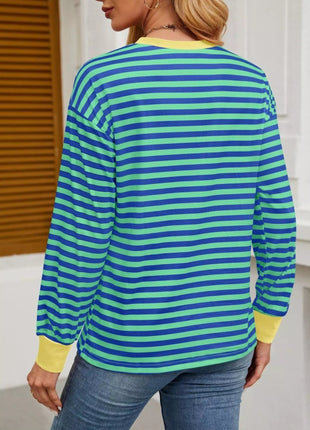 Striped Round Neck Long Sleeve T-Shirt - MimiStylez