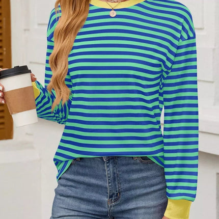 Striped Round Neck Long Sleeve T-Shirt - MimiStylez