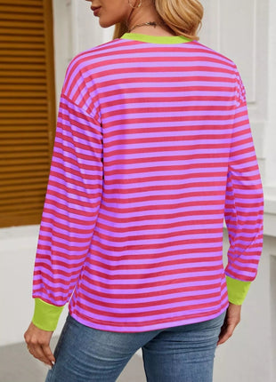 Striped Round Neck Long Sleeve T-Shirt - MimiStylez