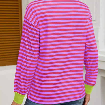 Striped Round Neck Long Sleeve T-Shirt - MimiStylez