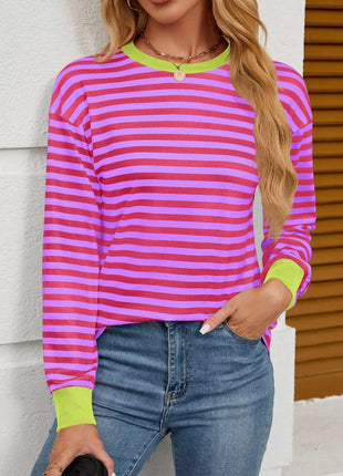 Striped Round Neck Long Sleeve T-Shirt - MimiStylez