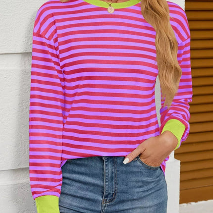 Striped Round Neck Long Sleeve T-Shirt - MimiStylez