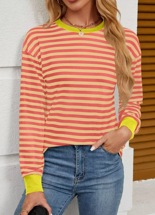 Striped Round Neck Long Sleeve T-Shirt - MimiStylez