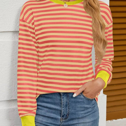 Striped Round Neck Long Sleeve T-Shirt - MimiStylez