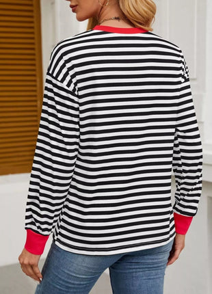 Striped Round Neck Long Sleeve T-Shirt - MimiStylez