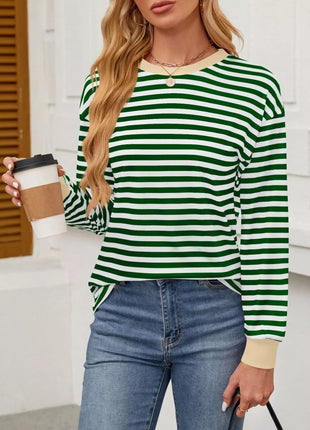 Striped Round Neck Long Sleeve T-Shirt - MimiStylez