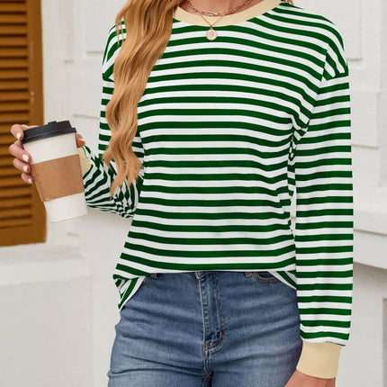 Striped Round Neck Long Sleeve T-Shirt - MimiStylez