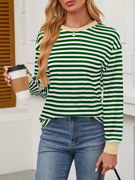Striped Round Neck Long Sleeve T-Shirt - MimiStylez