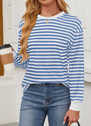 Striped Round Neck Long Sleeve T-Shirt - MimiStylez