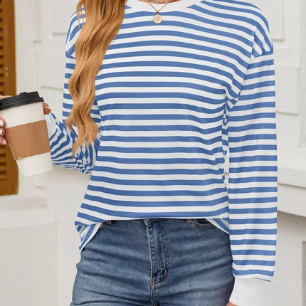 Striped Round Neck Long Sleeve T-Shirt - MimiStylez
