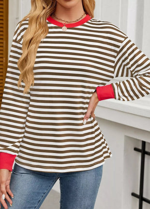 Striped Round Neck Long Sleeve T-Shirt - MimiStylez