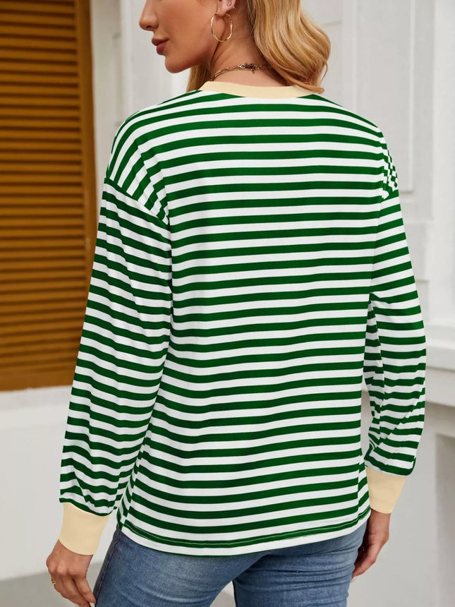 Striped Round Neck Long Sleeve T-Shirt - MimiStylez