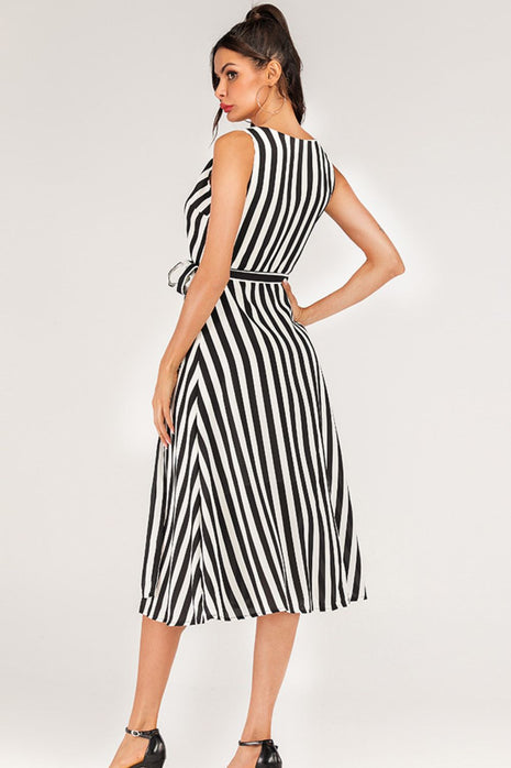 Striped Surplice Tied Sleeveless Dress - MimiStylez