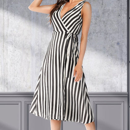 Striped Surplice Tied Sleeveless Dress - MimiStylez
