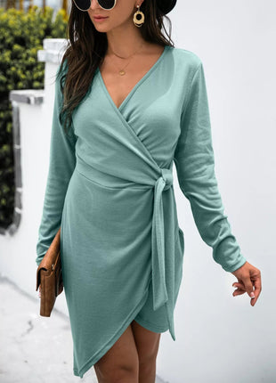 Surplice Long Sleeve Side Tie Dress - MimiStylez