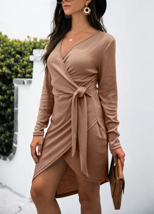 Surplice Long Sleeve Side Tie Dress - MimiStylez