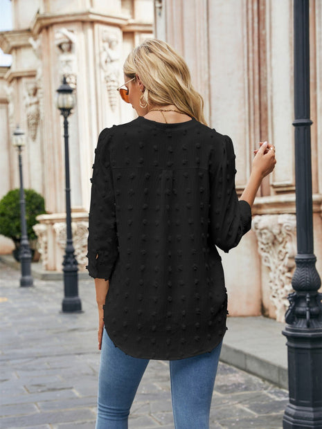 Swiss Dot Notched Neck Blouse - MimiStylez