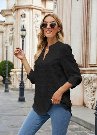 Swiss Dot Notched Neck Blouse - MimiStylez