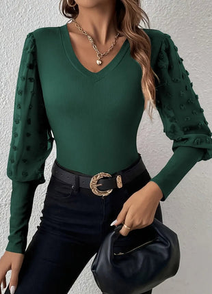 Swiss Dot V - Neck Long Sleeve Top - MimiStylez