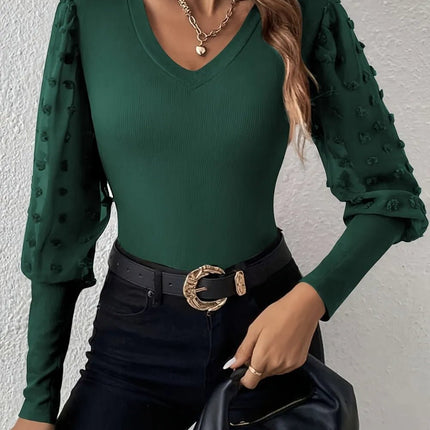 Swiss Dot V - Neck Long Sleeve Top - MimiStylez