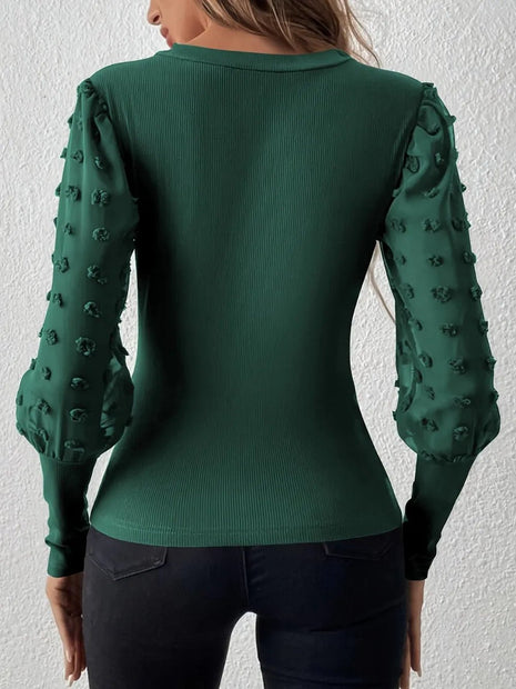 Swiss Dot V - Neck Long Sleeve Top - MimiStylez