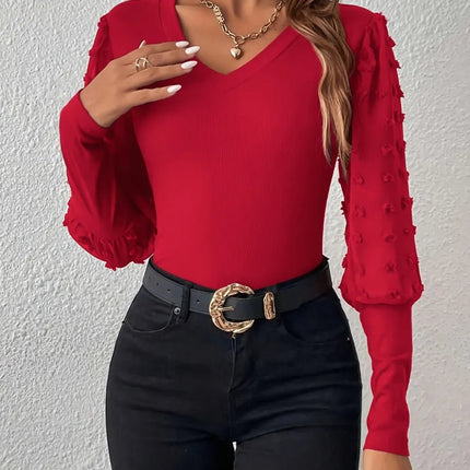 Swiss Dot V - Neck Long Sleeve Top - MimiStylez