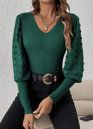 Swiss Dot V - Neck Long Sleeve Top - MimiStylez