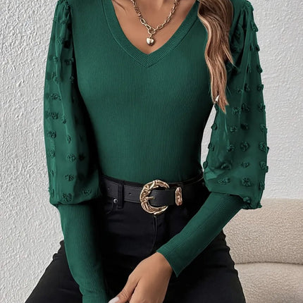 Swiss Dot V - Neck Long Sleeve Top - MimiStylez