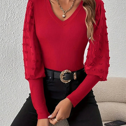 Swiss Dot V - Neck Long Sleeve Top - MimiStylez