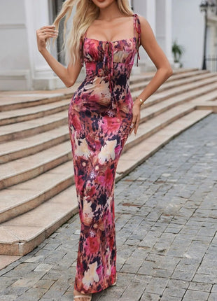 Tie Front Floral Print Maxi Dress - MimiStylez