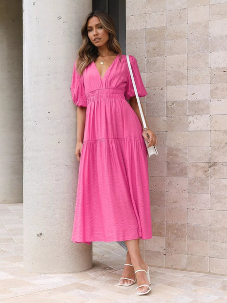 Tiered Puff Sleeve Midi Dress - MimiStylez