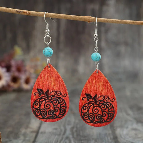 Turquoise Wooden Pumpkin Teardrop Earrings - MimiStylez