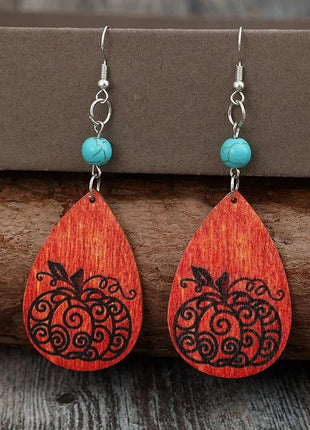 Turquoise Wooden Pumpkin Teardrop Earrings - MimiStylez