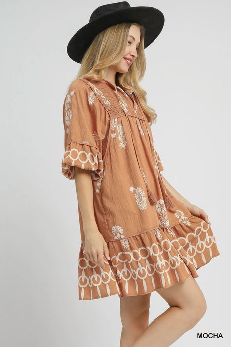 Umgee Boarder Print Tassel Tie Neck Mini Dress - MimiStylez