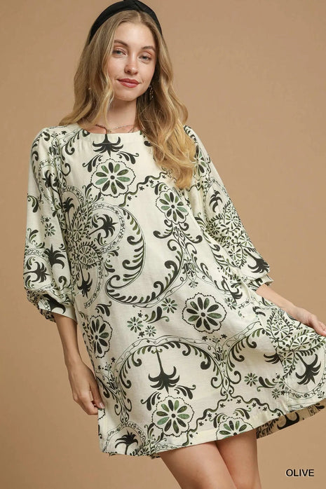 Umgee Boho Printed Balloon Sleeve Mini Dress - MimiStylez