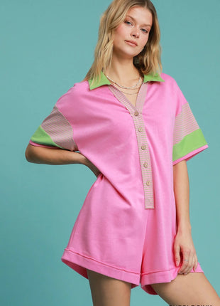 Umgee Contrast Trim Button Front Romper - MimiStylez