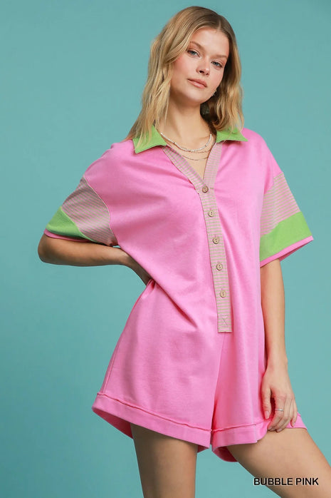 Umgee Contrast Trim Button Front Romper - MimiStylez