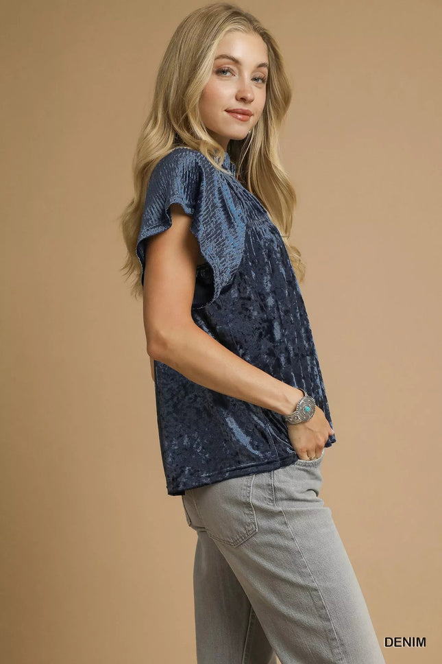 Umgee Crushed Velvet Pleated Blouse - MimiStylez