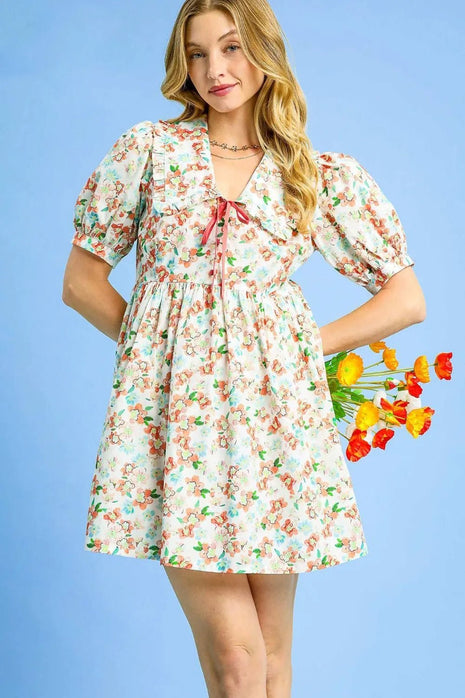 Umgee Floral Print Puff Sleeve Tie Front Mini Dress - MimiStylez