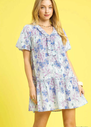 Umgee Floral Ruffled Puff Sleeve Mini Dress - MimiStylez