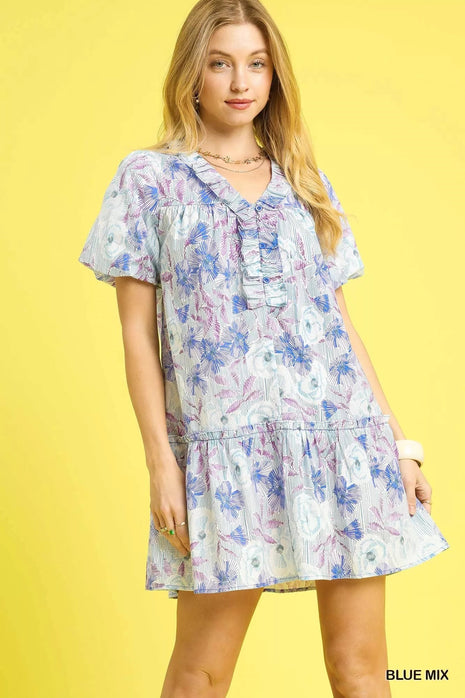 Umgee Floral Ruffled Puff Sleeve Mini Dress - MimiStylez