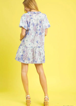 Umgee Floral Ruffled Puff Sleeve Mini Dress - MimiStylez
