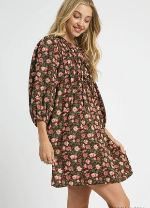 Umgee Floral Tie - Neck Babydoll Dress - MimiStylez