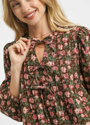 Umgee Floral Tie - Neck Babydoll Dress - MimiStylez