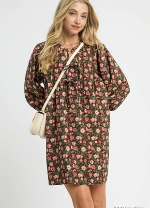 Umgee Floral Tie - Neck Babydoll Dress - MimiStylez
