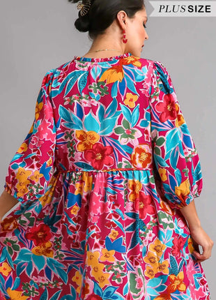 Umgee Full Size Floral Print Tie Neck Midi Dress with Pockets Plus Size - MimiStylez