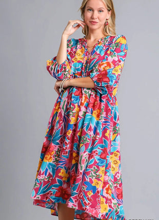 Umgee Full Size Floral Print Tie Neck Midi Dress with Pockets Plus Size - MimiStylez