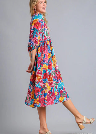 Umgee Full Size Floral Print Tie Neck Midi Dress with Pockets Plus Size - MimiStylez