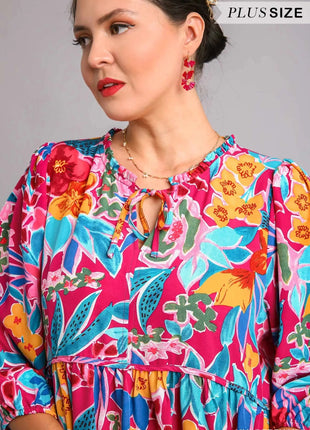 Umgee Full Size Floral Print Tie Neck Midi Dress with Pockets Plus Size - MimiStylez